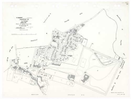 TIGERY, plans minutes de conservation : tableau d'assemblage,1933, Ech. 1/10000 ; plans des sections A1, A2, A3, B2, B4, CU, 1933, Ech. 1/2500, sections B1, B3, 1933, Ech. 1/1250, sections ZA, ZB, 1988, Ech. 1/2000. Polyester. N et B. Dim. 105 x 80 cm [11