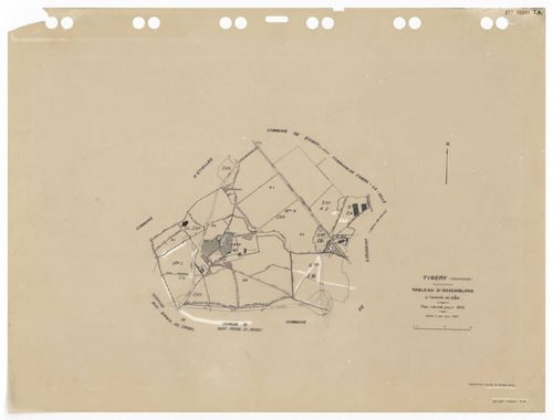 TIGERY, plans minutes de conservation : tableau d'assemblage,1933, Ech. 1/10000 ; plans des sections A1, A2, A3, B2, B4, CU, 1933, Ech. 1/2500, sections B1, B3, 1933, Ech. 1/1250, sections ZA, ZB, 1988, Ech. 1/2000. Polyester. N et B. Dim. 105 x 80 cm [11