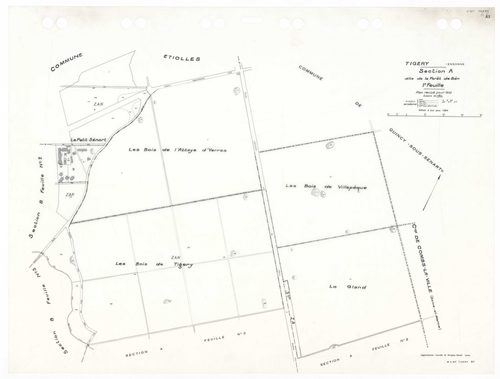 TIGERY, plans minutes de conservation : tableau d'assemblage,1933, Ech. 1/10000 ; plans des sections A1, A2, A3, B2, B4, CU, 1933, Ech. 1/2500, sections B1, B3, 1933, Ech. 1/1250, sections ZA, ZB, 1988, Ech. 1/2000. Polyester. N et B. Dim. 105 x 80 cm [11