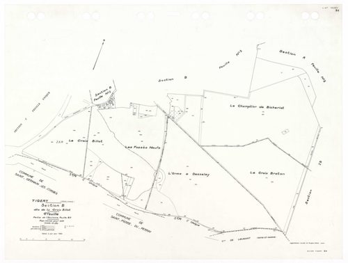 TIGERY, plans minutes de conservation : tableau d'assemblage,1933, Ech. 1/10000 ; plans des sections A1, A2, A3, B2, B4, CU, 1933, Ech. 1/2500, sections B1, B3, 1933, Ech. 1/1250, sections ZA, ZB, 1988, Ech. 1/2000. Polyester. N et B. Dim. 105 x 80 cm [11
