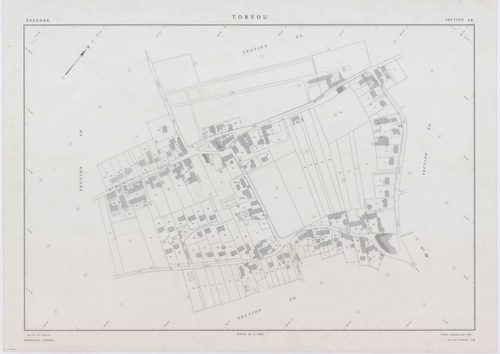 TORFOU, plans minutes de conservation : tableau d'assemblage, 1931, Ech. 1/5000 ; plans des section A, 1931, Ech. 1/2500, sections ZA, ZB, ZC, ZD, 1989, Ech. 1/2000, section AB, 1990, Ech. 1/1000. Polyester. N et B. Dim. 105 x 80 cm [7 plans]. 