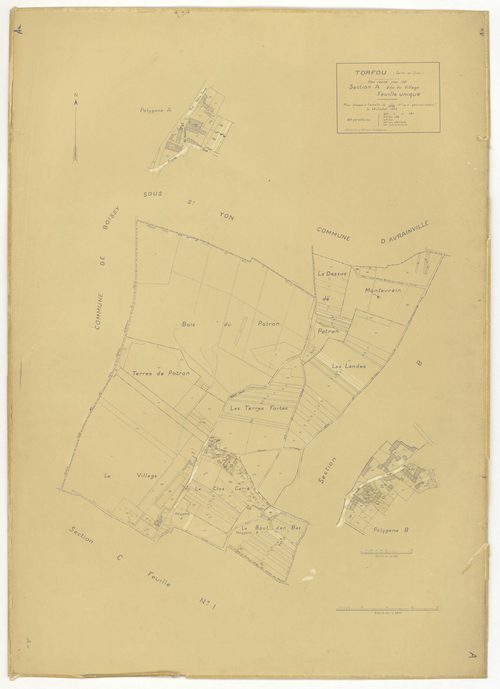 Plans minutes de conservation : TORFOU : tableau d'assemblage, ech. 1/5000 (1929-1931), sections A, B, C1, ech. 1/2500 (1929-1931) ; section C2, ech. 1/2500 (1929-1976), NB et couleur, papier, 105x80 [5 plans]. 