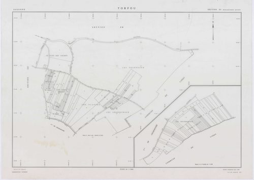 TORFOU, plans minutes de conservation : tableau d'assemblage, 1931, Ech. 1/5000 ; plans des section A, 1931, Ech. 1/2500, sections ZA, ZB, ZC, ZD, 1989, Ech. 1/2000, section AB, 1990, Ech. 1/1000. Polyester. N et B. Dim. 105 x 80 cm [7 plans]. 