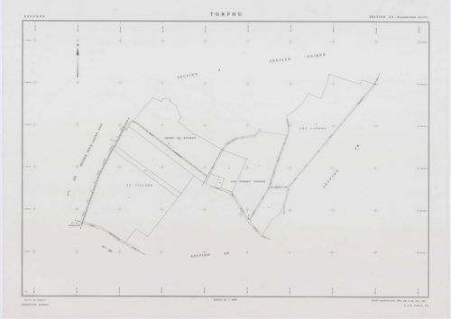 TORFOU, plans minutes de conservation : tableau d'assemblage, 1931, Ech. 1/5000 ; plans des section A, 1931, Ech. 1/2500, sections ZA, ZB, ZC, ZD, 1989, Ech. 1/2000, section AB, 1990, Ech. 1/1000. Polyester. N et B. Dim. 105 x 80 cm [7 plans]. 