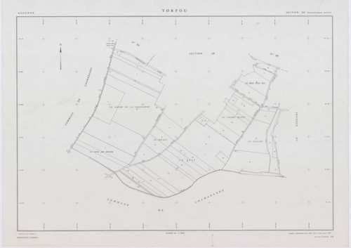 TORFOU, plans minutes de conservation : tableau d'assemblage, 1931, Ech. 1/5000 ; plans des section A, 1931, Ech. 1/2500, sections ZA, ZB, ZC, ZD, 1989, Ech. 1/2000, section AB, 1990, Ech. 1/1000. Polyester. N et B. Dim. 105 x 80 cm [7 plans]. 