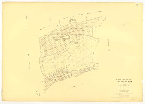 Plans minutes de conservation : VALPUISEAUX : tableau d'assemblage, ech. 1/10000 (1946-1962), sections A2, D, E, F, G, I1, I2, K, ech. 1/2500 (1946) ; sections A2, H1, M2, M3, ech. 1/1250, sections B, C1, C2, D, E, F, G, H2, L, ech. 1/2500 (1946-1962) ; s
