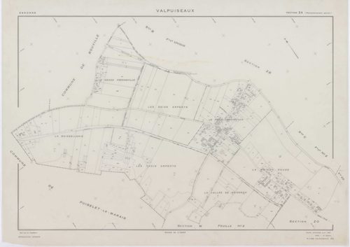 VALPUISEAUX, plans minutes de conservation : tableau d'assemblage, 1946, Ech. 1/10000 ; plans des sections B, C1, C2, E, F, G, H2, 1946, Ech. 1/2500, section M2, 1946, Ech. 1/1250, sections ZA, ZB, ZC, ZD, ZE, ZH, ZI, ZK, ZL, 1961, Ech. 1/2000, section ZM