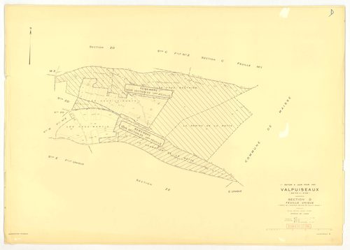Plans minutes de conservation : VALPUISEAUX : tableau d'assemblage, ech. 1/10000 (1946-1962), sections A2, D, E, F, G, I1, I2, K, ech. 1/2500 (1946) ; sections A2, H1, M2, M3, ech. 1/1250, sections B, C1, C2, D, E, F, G, H2, L, ech. 1/2500 (1946-1962) ; s