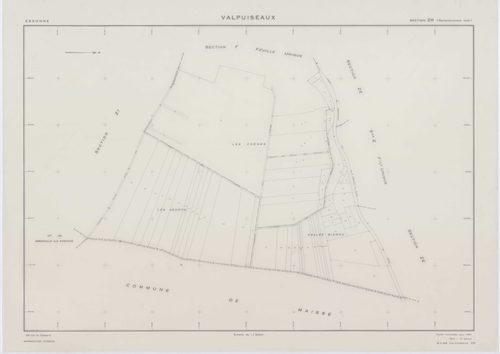 VALPUISEAUX, plans minutes de conservation : tableau d'assemblage, 1946, Ech. 1/10000 ; plans des sections B, C1, C2, E, F, G, H2, 1946, Ech. 1/2500, section M2, 1946, Ech. 1/1250, sections ZA, ZB, ZC, ZD, ZE, ZH, ZI, ZK, ZL, 1961, Ech. 1/2000, section ZM