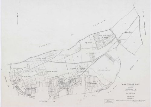 VALPUISEAUX, plans minutes de conservation : tableau d'assemblage, 1946, Ech. 1/10000 ; plans des sections B, C1, C2, E, F, G, H2, 1946, Ech. 1/2500, section M2, 1946, Ech. 1/1250, sections ZA, ZB, ZC, ZD, ZE, ZH, ZI, ZK, ZL, 1961, Ech. 1/2000, section ZM