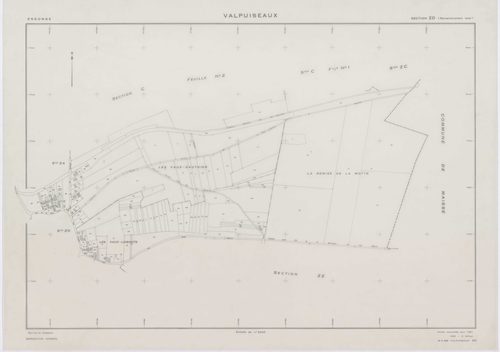 VALPUISEAUX, plans minutes de conservation : tableau d'assemblage, 1946, Ech. 1/10000 ; plans des sections B, C1, C2, E, F, G, H2, 1946, Ech. 1/2500, section M2, 1946, Ech. 1/1250, sections ZA, ZB, ZC, ZD, ZE, ZH, ZI, ZK, ZL, 1961, Ech. 1/2000, section ZM