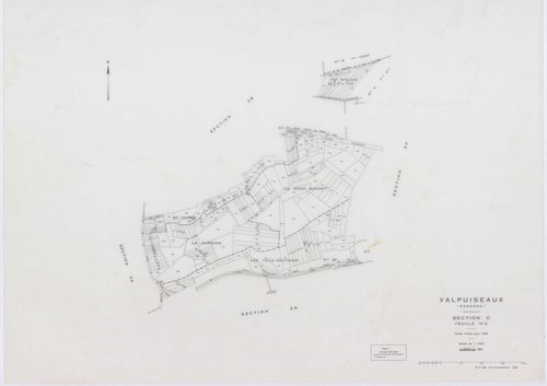 VALPUISEAUX, plans minutes de conservation : tableau d'assemblage, 1946, Ech. 1/10000 ; plans des sections B, C1, C2, E, F, G, H2, 1946, Ech. 1/2500, section M2, 1946, Ech. 1/1250, sections ZA, ZB, ZC, ZD, ZE, ZH, ZI, ZK, ZL, 1961, Ech. 1/2000, section ZM