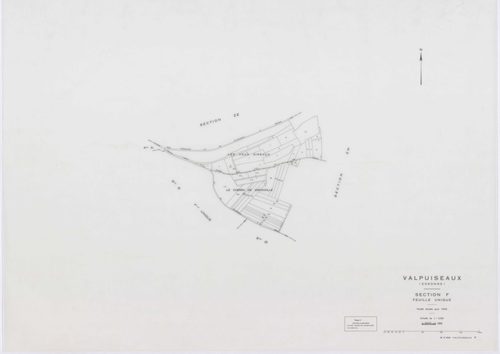 VALPUISEAUX, plans minutes de conservation : tableau d'assemblage, 1946, Ech. 1/10000 ; plans des sections B, C1, C2, E, F, G, H2, 1946, Ech. 1/2500, section M2, 1946, Ech. 1/1250, sections ZA, ZB, ZC, ZD, ZE, ZH, ZI, ZK, ZL, 1961, Ech. 1/2000, section ZM