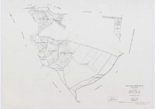 VALPUISEAUX, plans minutes de conservation : tableau d'assemblage, 1946, Ech. 1/10000 ; plans des sections B, C1, C2, E, F, G, H2, 1946, Ech. 1/2500, section M2, 1946, Ech. 1/1250, sections ZA, ZB, ZC, ZD, ZE, ZH, ZI, ZK, ZL, 1961, Ech. 1/2000, section ZM