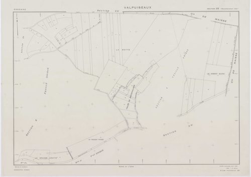 VALPUISEAUX, plans minutes de conservation : tableau d'assemblage, 1946, Ech. 1/10000 ; plans des sections B, C1, C2, E, F, G, H2, 1946, Ech. 1/2500, section M2, 1946, Ech. 1/1250, sections ZA, ZB, ZC, ZD, ZE, ZH, ZI, ZK, ZL, 1961, Ech. 1/2000, section ZM