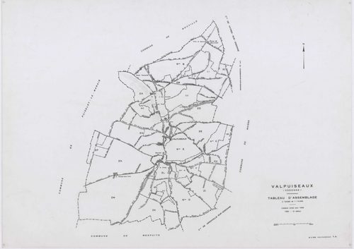 VALPUISEAUX, plans minutes de conservation : tableau d'assemblage, 1946, Ech. 1/10000 ; plans des sections B, C1, C2, E, F, G, H2, 1946, Ech. 1/2500, section M2, 1946, Ech. 1/1250, sections ZA, ZB, ZC, ZD, ZE, ZH, ZI, ZK, ZL, 1961, Ech. 1/2000, section ZM