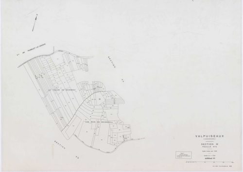 VALPUISEAUX, plans minutes de conservation : tableau d'assemblage, 1946, Ech. 1/10000 ; plans des sections B, C1, C2, E, F, G, H2, 1946, Ech. 1/2500, section M2, 1946, Ech. 1/1250, sections ZA, ZB, ZC, ZD, ZE, ZH, ZI, ZK, ZL, 1961, Ech. 1/2000, section ZM