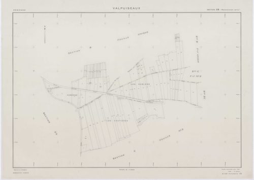 VALPUISEAUX, plans minutes de conservation : tableau d'assemblage, 1946, Ech. 1/10000 ; plans des sections B, C1, C2, E, F, G, H2, 1946, Ech. 1/2500, section M2, 1946, Ech. 1/1250, sections ZA, ZB, ZC, ZD, ZE, ZH, ZI, ZK, ZL, 1961, Ech. 1/2000, section ZM