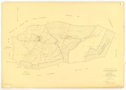 Plans minutes de conservation : VALPUISEAUX : tableau d'assemblage, ech. 1/10000 (1946-1962), sections A2, D, E, F, G, I1, I2, K, ech. 1/2500 (1946) ; sections A2, H1, M2, M3, ech. 1/1250, sections B, C1, C2, D, E, F, G, H2, L, ech. 1/2500 (1946-1962) ; s