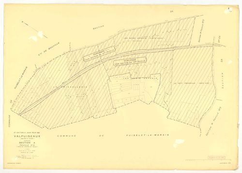 Plans minutes de conservation : VALPUISEAUX : tableau d'assemblage, ech. 1/10000 (1946-1962), sections A2, D, E, F, G, I1, I2, K, ech. 1/2500 (1946) ; sections A2, H1, M2, M3, ech. 1/1250, sections B, C1, C2, D, E, F, G, H2, L, ech. 1/2500 (1946-1962) ; s