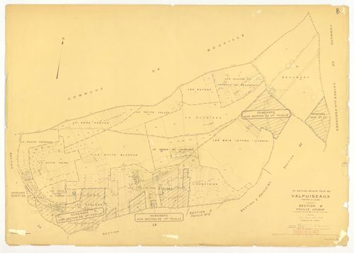 Plans minutes de conservation : VALPUISEAUX : tableau d'assemblage, ech. 1/10000 (1946-1962), sections A2, D, E, F, G, I1, I2, K, ech. 1/2500 (1946) ; sections A2, H1, M2, M3, ech. 1/1250, sections B, C1, C2, D, E, F, G, H2, L, ech. 1/2500 (1946-1962) ; s