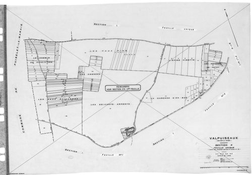 VALPUISEAUX . - Cadastre révisé pour 1946 : plans de la section A 1ère feuille, section H 3ème feuille, section I 1ère feuille, idem 2ème feuille, section K, section M 1ère feuille, [6 plans]. 
