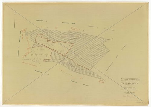 Plans minutes de conservation : VALPUISEAUX : tableau d'assemblage, ech. 1/10000 (1946-1962), sections A2, D, E, F, G, I1, I2, K, ech. 1/2500 (1946) ; sections A2, H1, M2, M3, ech. 1/1250, sections B, C1, C2, D, E, F, G, H2, L, ech. 1/2500 (1946-1962) ; s