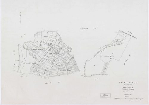 VALPUISEAUX, plans minutes de conservation : tableau d'assemblage, 1946, Ech. 1/10000 ; plans des sections B, C1, C2, E, F, G, H2, 1946, Ech. 1/2500, section M2, 1946, Ech. 1/1250, sections ZA, ZB, ZC, ZD, ZE, ZH, ZI, ZK, ZL, 1961, Ech. 1/2000, section ZM