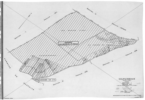 VALPUISEAUX . - Cadastre révisé pour 1946 : plans de la section A 1ère feuille, section H 3ème feuille, section I 1ère feuille, idem 2ème feuille, section K, section M 1ère feuille, [6 plans]. 