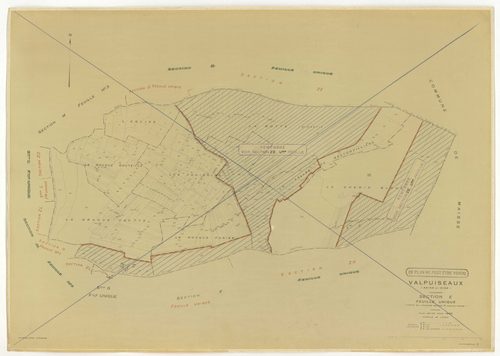 Plans minutes de conservation : VALPUISEAUX : tableau d'assemblage, ech. 1/10000 (1946-1962), sections A2, D, E, F, G, I1, I2, K, ech. 1/2500 (1946) ; sections A2, H1, M2, M3, ech. 1/1250, sections B, C1, C2, D, E, F, G, H2, L, ech. 1/2500 (1946-1962) ; s