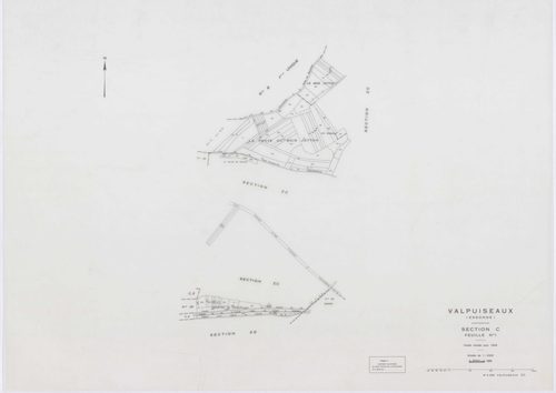 VALPUISEAUX, plans minutes de conservation : tableau d'assemblage, 1946, Ech. 1/10000 ; plans des sections B, C1, C2, E, F, G, H2, 1946, Ech. 1/2500, section M2, 1946, Ech. 1/1250, sections ZA, ZB, ZC, ZD, ZE, ZH, ZI, ZK, ZL, 1961, Ech. 1/2000, section ZM