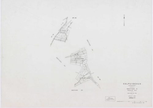 VALPUISEAUX, plans minutes de conservation : tableau d'assemblage, 1946, Ech. 1/10000 ; plans des sections B, C1, C2, E, F, G, H2, 1946, Ech. 1/2500, section M2, 1946, Ech. 1/1250, sections ZA, ZB, ZC, ZD, ZE, ZH, ZI, ZK, ZL, 1961, Ech. 1/2000, section ZM
