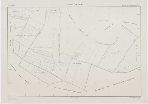 VALPUISEAUX, plans minutes de conservation : tableau d'assemblage, 1946, Ech. 1/10000 ; plans des sections B, C1, C2, E, F, G, H2, 1946, Ech. 1/2500, section M2, 1946, Ech. 1/1250, sections ZA, ZB, ZC, ZD, ZE, ZH, ZI, ZK, ZL, 1961, Ech. 1/2000, section ZM