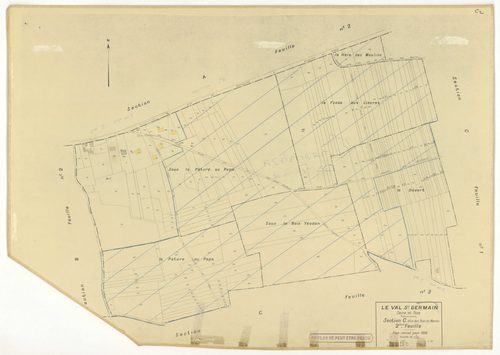 Plans minutes de conservation : VAL-SAINT-GERMAIN (LE) : tableau d'assemblage, ech. 1/10000 (1938), sections A1, A2, B1, C1, C3, ech. 1/2500 (1938), sections A3, B2, C2, ech. 1/1250 (1938), section ZI, ech. 1/1000 (sans date), NB, papier, 105x80 [10 plans