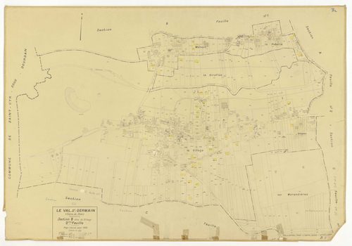 Plans minutes de conservation : VAL-SAINT-GERMAIN (LE) : tableau d'assemblage, ech. 1/10000 (1938), sections A1, A2, B1, C1, C3, ech. 1/2500 (1938), sections A3, B2, C2, ech. 1/1250 (1938), section ZI, ech. 1/1000 (sans date), NB, papier, 105x80 [10 plans