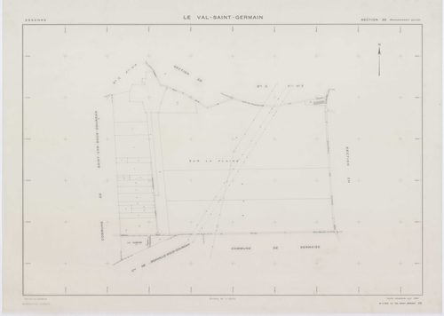 VAL-SAINT-GERMAIN (LE), plans minutes de conservation : tableau d'assemblage,1938, Ech. 1/10000 ; plans des sections A1, A2, B1, C1, C3, 1938, Ech. 1/2500, sections A3, B2, C2, 1938, Ech. 1/1250, sections ZA, ZB, ZC, ZD, ZE, ZH, 1982, Ech. 1/2000, section