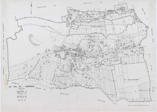 VAL-SAINT-GERMAIN (LE), plans minutes de conservation : tableau d'assemblage,1938, Ech. 1/10000 ; plans des sections A1, A2, B1, C1, C3, 1938, Ech. 1/2500, sections A3, B2, C2, 1938, Ech. 1/1250, sections ZA, ZB, ZC, ZD, ZE, ZH, 1982, Ech. 1/2000, section