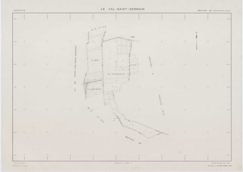 VAL-SAINT-GERMAIN (LE), plans minutes de conservation : tableau d'assemblage,1938, Ech. 1/10000 ; plans des sections A1, A2, B1, C1, C3, 1938, Ech. 1/2500, sections A3, B2, C2, 1938, Ech. 1/1250, sections ZA, ZB, ZC, ZD, ZE, ZH, 1982, Ech. 1/2000, section