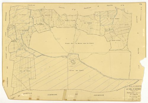 Plans minutes de conservation : VAL-SAINT-GERMAIN (LE) : tableau d'assemblage, ech. 1/10000 (1938), sections A1, A2, B1, C1, C3, ech. 1/2500 (1938), sections A3, B2, C2, ech. 1/1250 (1938), section ZI, ech. 1/1000 (sans date), NB, papier, 105x80 [10 plans