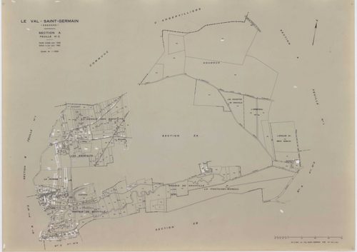 VAL-SAINT-GERMAIN (LE), plans minutes de conservation : tableau d'assemblage,1938, Ech. 1/10000 ; plans des sections A1, A2, B1, C1, C3, 1938, Ech. 1/2500, sections A3, B2, C2, 1938, Ech. 1/1250, sections ZA, ZB, ZC, ZD, ZE, ZH, 1982, Ech. 1/2000, section