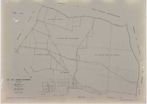VAL-SAINT-GERMAIN (LE), plans minutes de conservation : tableau d'assemblage,1938, Ech. 1/10000 ; plans des sections A1, A2, B1, C1, C3, 1938, Ech. 1/2500, sections A3, B2, C2, 1938, Ech. 1/1250, sections ZA, ZB, ZC, ZD, ZE, ZH, 1982, Ech. 1/2000, section
