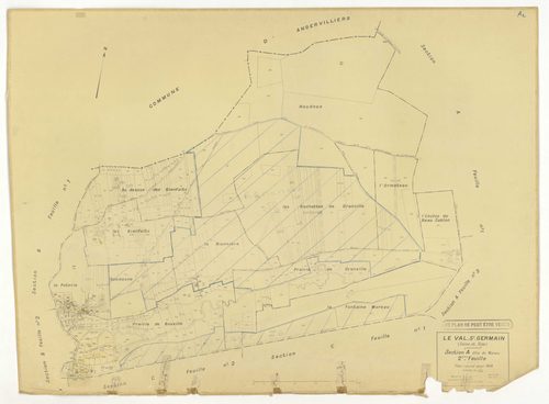 Plans minutes de conservation : VAL-SAINT-GERMAIN (LE) : tableau d'assemblage, ech. 1/10000 (1938), sections A1, A2, B1, C1, C3, ech. 1/2500 (1938), sections A3, B2, C2, ech. 1/1250 (1938), section ZI, ech. 1/1000 (sans date), NB, papier, 105x80 [10 plans