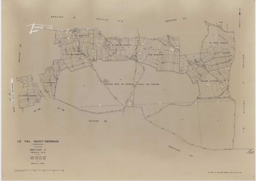 VAL-SAINT-GERMAIN (LE), plans minutes de conservation : tableau d'assemblage,1938, Ech. 1/10000 ; plans des sections A1, A2, B1, C1, C3, 1938, Ech. 1/2500, sections A3, B2, C2, 1938, Ech. 1/1250, sections ZA, ZB, ZC, ZD, ZE, ZH, 1982, Ech. 1/2000, section