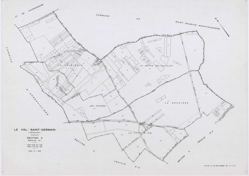 VAL-SAINT-GERMAIN (LE), plans minutes de conservation : tableau d'assemblage,1938, Ech. 1/10000 ; plans des sections A1, A2, B1, C1, C3, 1938, Ech. 1/2500, sections A3, B2, C2, 1938, Ech. 1/1250, sections ZA, ZB, ZC, ZD, ZE, ZH, 1982, Ech. 1/2000, section