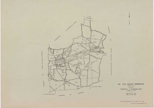 VAL-SAINT-GERMAIN (LE), plans minutes de conservation : tableau d'assemblage,1938, Ech. 1/10000 ; plans des sections A1, A2, B1, C1, C3, 1938, Ech. 1/2500, sections A3, B2, C2, 1938, Ech. 1/1250, sections ZA, ZB, ZC, ZD, ZE, ZH, 1982, Ech. 1/2000, section