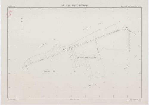 VAL-SAINT-GERMAIN (LE), plans minutes de conservation : tableau d'assemblage,1938, Ech. 1/10000 ; plans des sections A1, A2, B1, C1, C3, 1938, Ech. 1/2500, sections A3, B2, C2, 1938, Ech. 1/1250, sections ZA, ZB, ZC, ZD, ZE, ZH, 1982, Ech. 1/2000, section