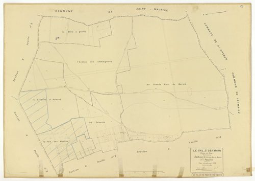 Plans minutes de conservation : VAL-SAINT-GERMAIN (LE) : tableau d'assemblage, ech. 1/10000 (1938), sections A1, A2, B1, C1, C3, ech. 1/2500 (1938), sections A3, B2, C2, ech. 1/1250 (1938), section ZI, ech. 1/1000 (sans date), NB, papier, 105x80 [10 plans