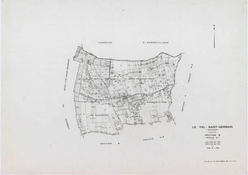 VAL-SAINT-GERMAIN (LE), plans minutes de conservation : tableau d'assemblage,1938, Ech. 1/10000 ; plans des sections A1, A2, B1, C1, C3, 1938, Ech. 1/2500, sections A3, B2, C2, 1938, Ech. 1/1250, sections ZA, ZB, ZC, ZD, ZE, ZH, 1982, Ech. 1/2000, section