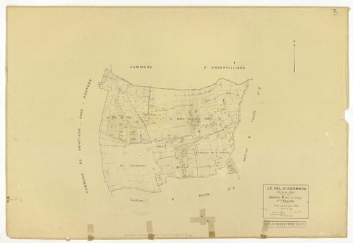 Plans minutes de conservation : VAL-SAINT-GERMAIN (LE) : tableau d'assemblage, ech. 1/10000 (1938), sections A1, A2, B1, C1, C3, ech. 1/2500 (1938), sections A3, B2, C2, ech. 1/1250 (1938), section ZI, ech. 1/1000 (sans date), NB, papier, 105x80 [10 plans