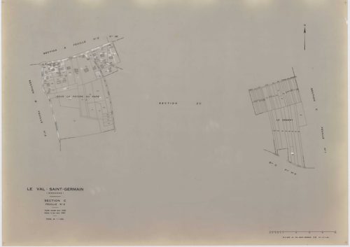 VAL-SAINT-GERMAIN (LE), plans minutes de conservation : tableau d'assemblage,1938, Ech. 1/10000 ; plans des sections A1, A2, B1, C1, C3, 1938, Ech. 1/2500, sections A3, B2, C2, 1938, Ech. 1/1250, sections ZA, ZB, ZC, ZD, ZE, ZH, 1982, Ech. 1/2000, section